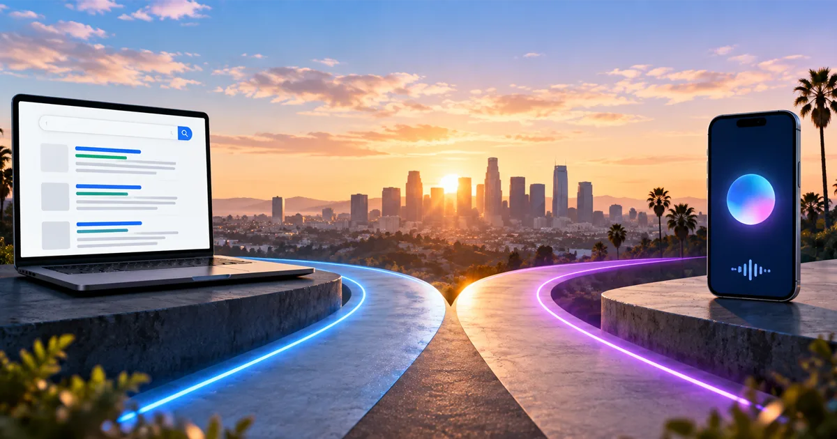 a notebook PC and a phone facing each other in front of a city